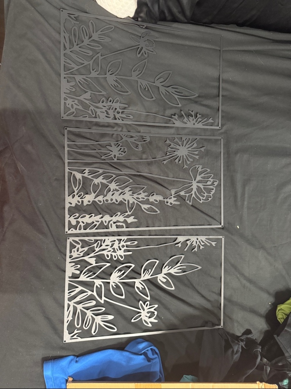 Matte Black Floral Metal Wall Art Trio - Botanical Panel Set